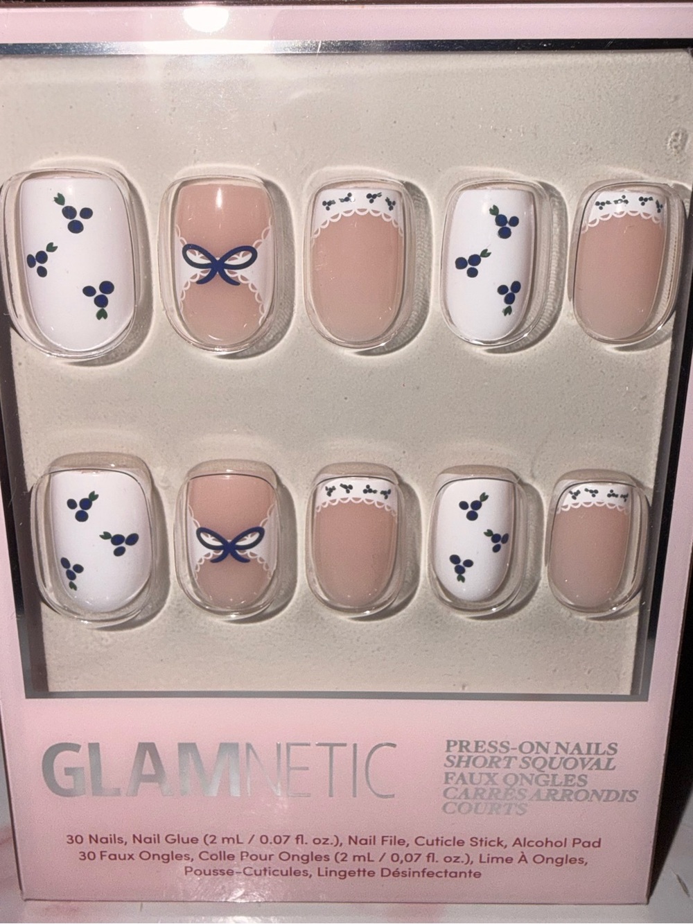 Glamnetic “Blue A Kiss” Nude & White Press-On Nail Set with Navy Accents